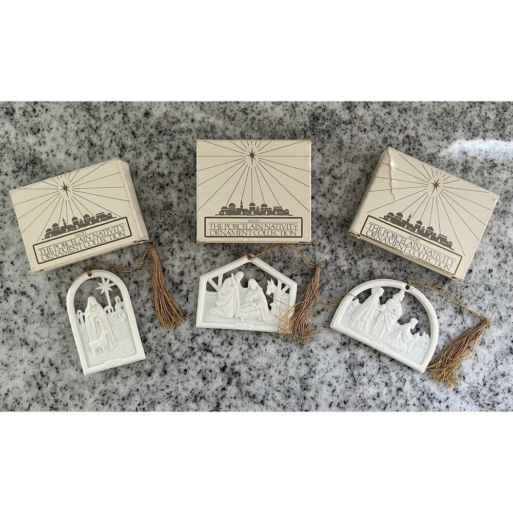 1985 Avon Porcelain Nativity Ornaments Set 3 Holy Family Magi Shepherd w Boxes